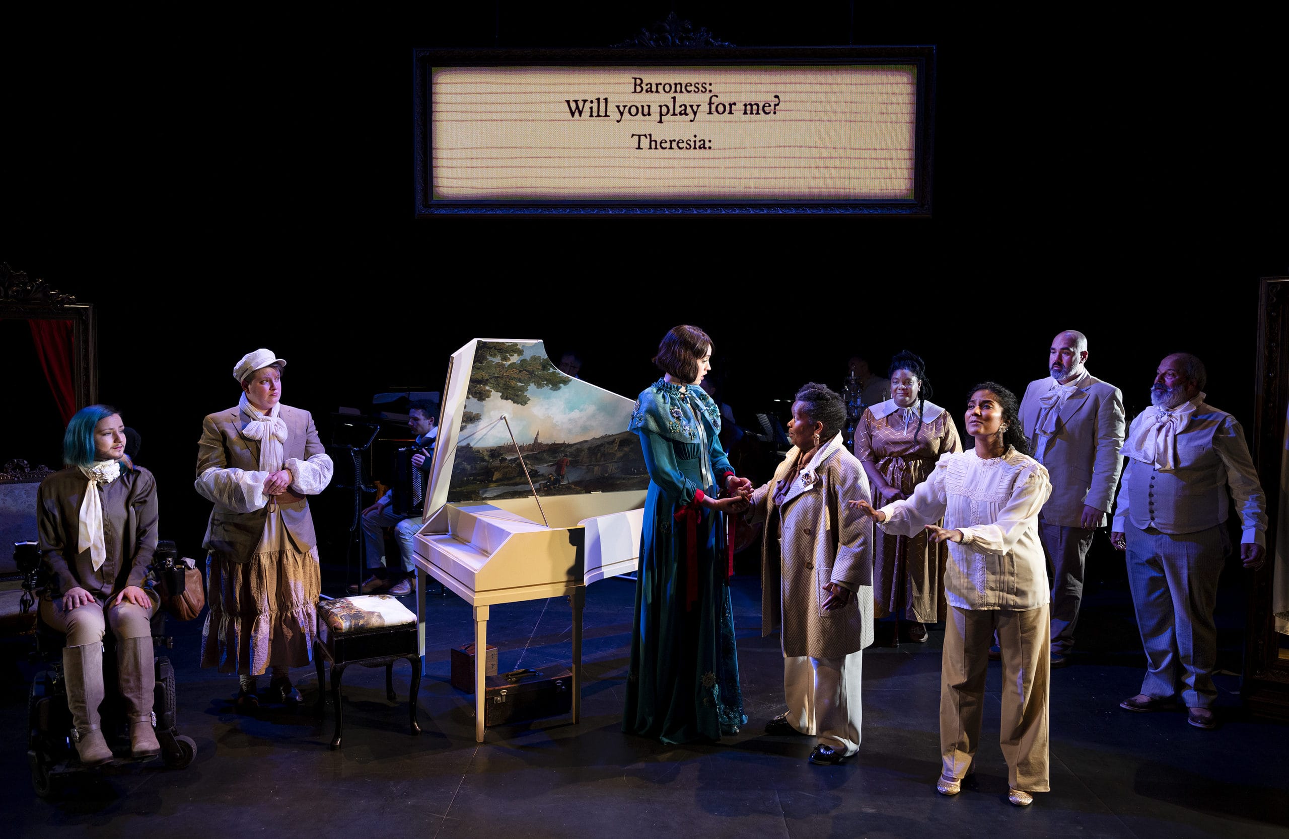 The cast of 'The Paradis Files' on stage, in costume. There is a grand piano on stage as well.