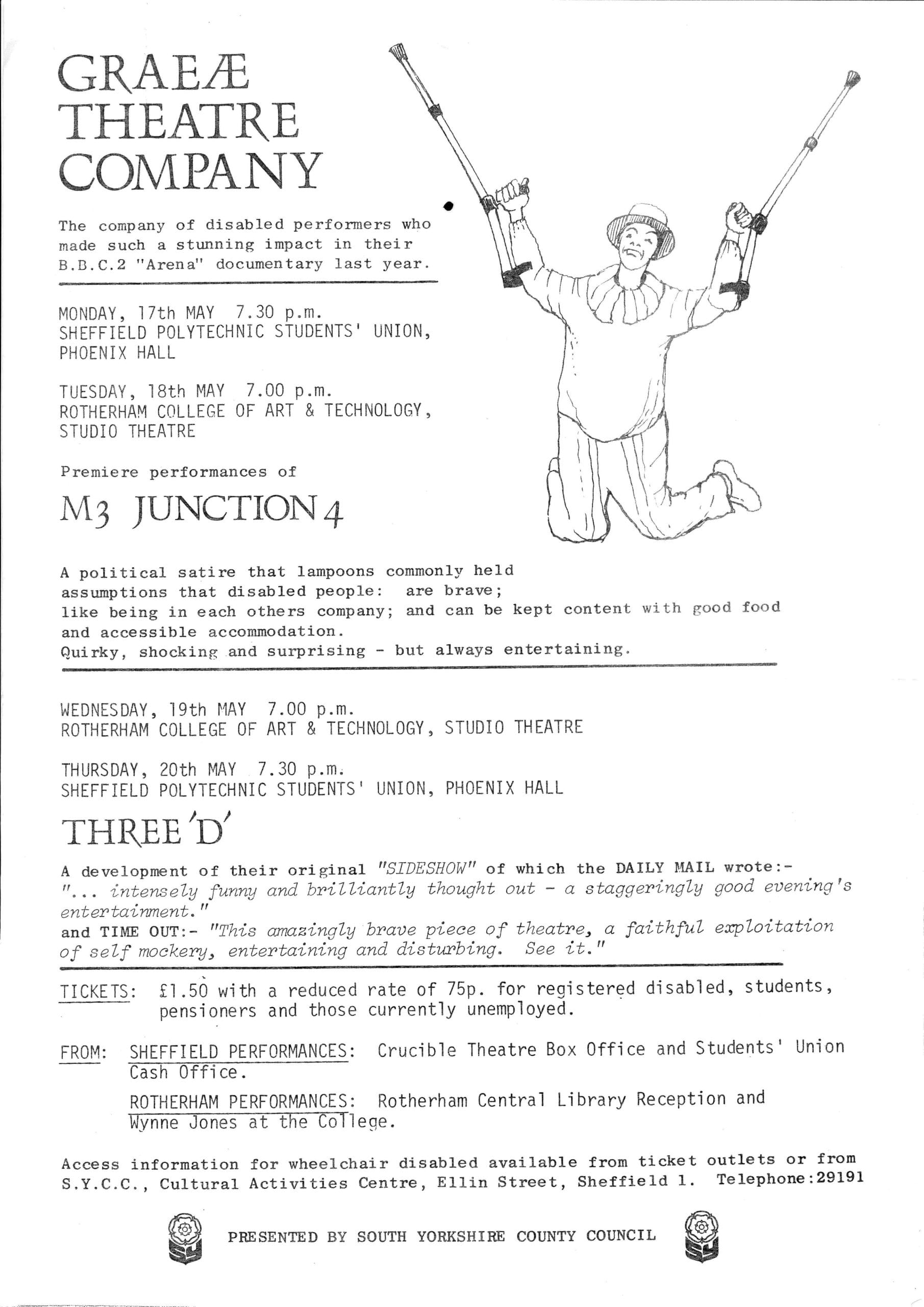 A poster for the Graeae production of 'M3 Junction 4'. The poster features an illustration of a clown waving his crutches in the air and smiliing.