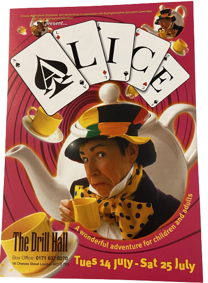 Poster for 'Alice'. There is a picture of the mad hatter, and a teapots and teacups. 