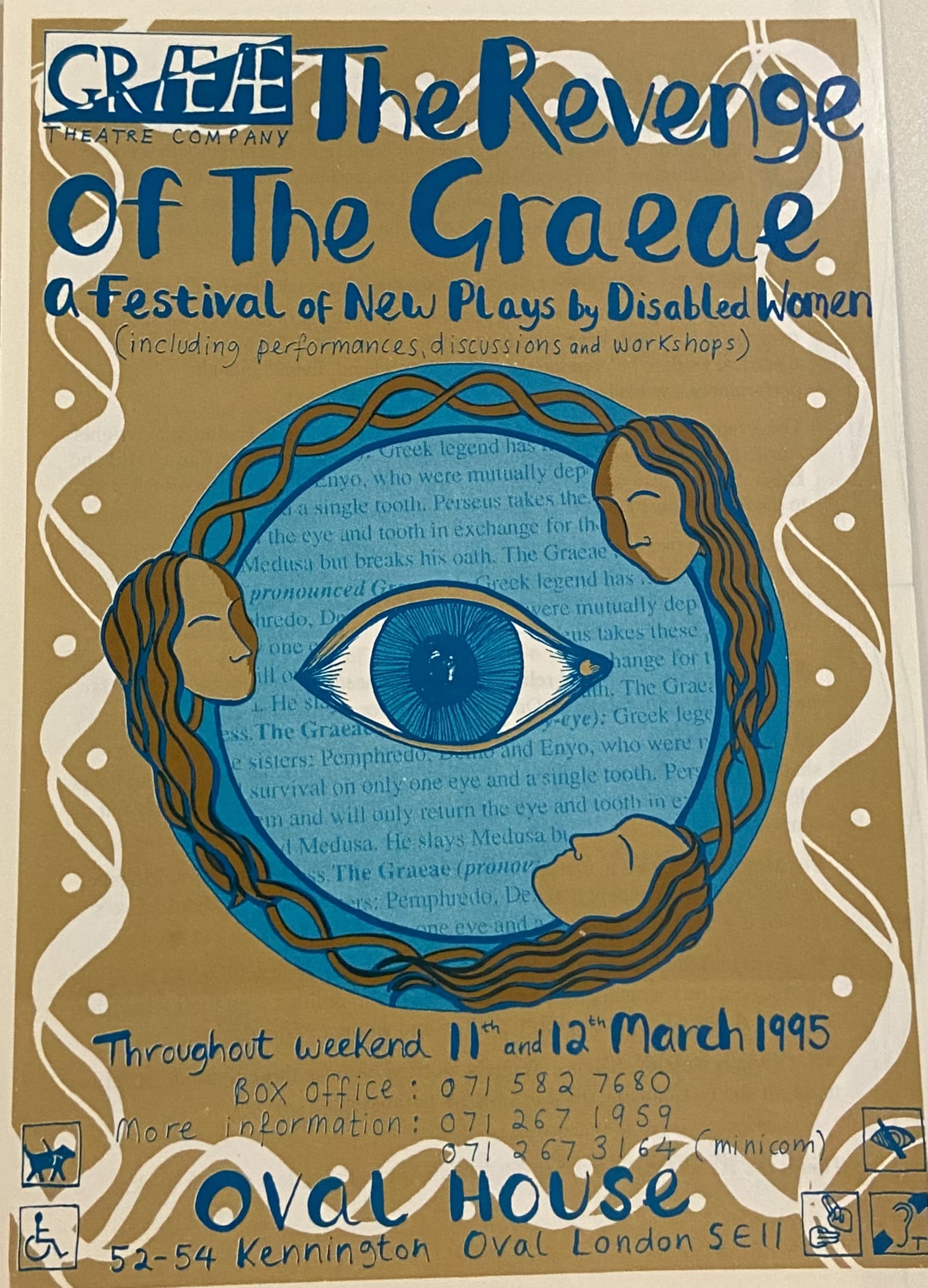 A brown poster with blue text that reads 