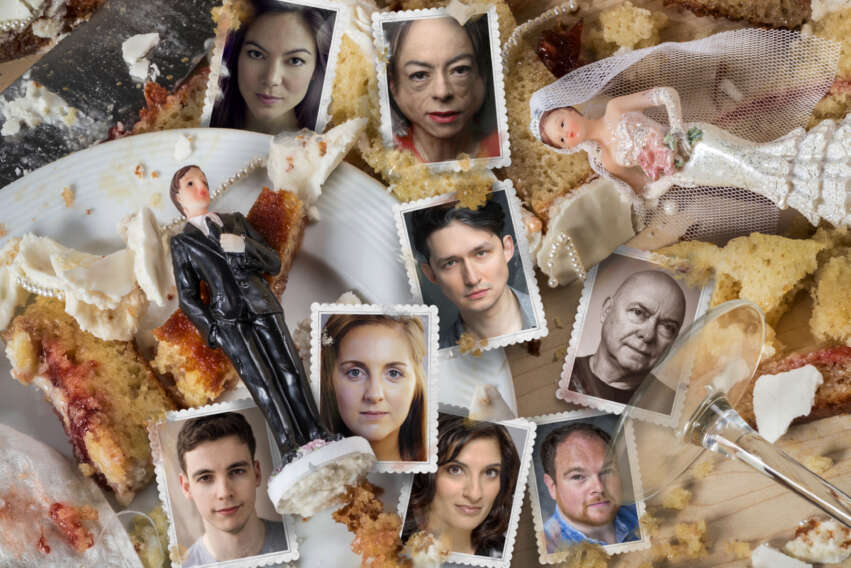 8 individual polaroid style pictures are strewn across a table cluttered with smashed cake and broken glass.